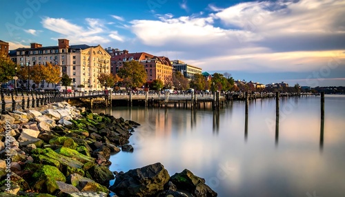 Colorful Waterfront Buildings Lining Calm Harbor at Sunset Under Dramatic Cloudy Sky
