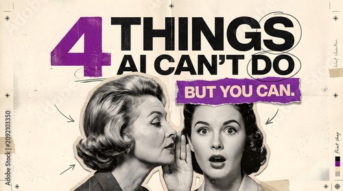 Vintage style poster featuring two women whispering secrets about artificial intelligence