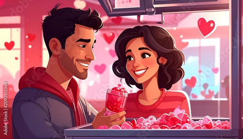 Happy Young Couple Holding Prize Toy at Arcade Claw Machine on Valentines Day