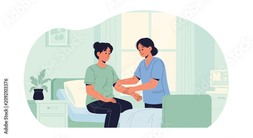 Nurse assisting patient in hospital room, caring for elderly, medical care