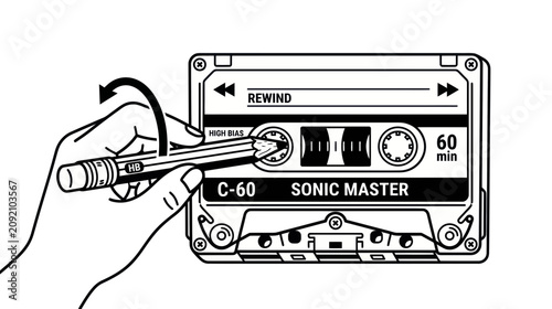 Tableau sur toile Hand winding cassette tape with pencil, retro music technology illustration