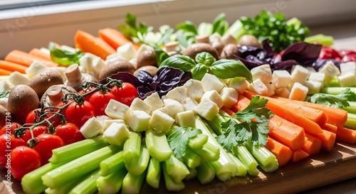Colorful Fresh Vegetables and Cheese Arranged on Wooden Serving Board