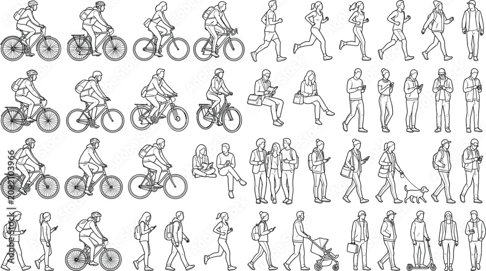 Obraz premium Black and white line drawings of people in everyday urban activities including walking, cycling, jogging, and modern mobility