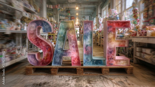Large artistic SALE letters in a retail store aisle with shelves and products, realistic shopping scene, immersive retail concept.