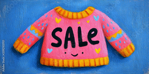 Knitted sweater with a cheerful SALE text and cute patterns, cozy retail banner, warm shopping mood.