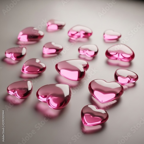 Glossy Pink Glass Hearts Arranged on Soft Gray Surface