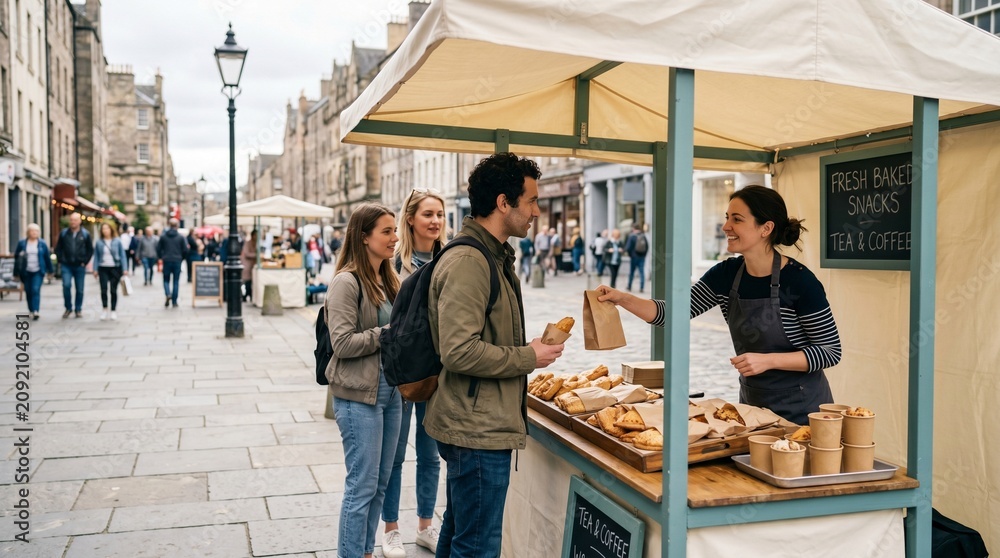 Fototapeta premium Food stall vendor serving customers in busy Edinburgh street 