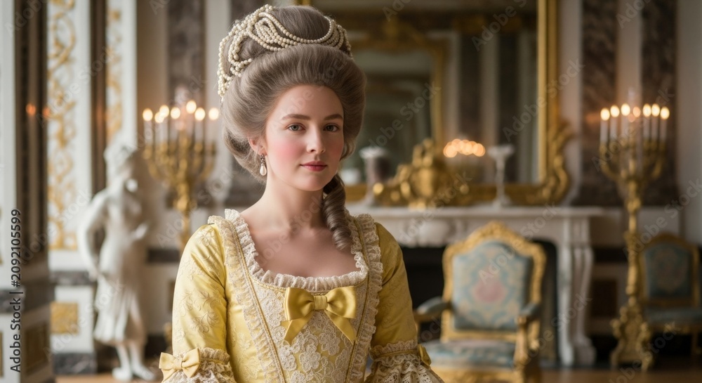 Fototapeta premium Elegant portrait of Marie Antoinette in luxurious Rococo palace interior inspired by eighteenth-century French royalty