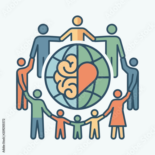 A diverse group of people holding hands around a globe with brain and heart icons