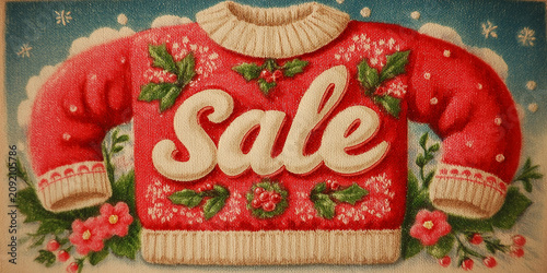 Festive red knitted sweater with embroidered SALE text and floral patterns, cozy retail banner, warm shopping atmosphere.