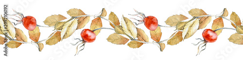 Tableau sur toile Horizontal seamless border with hand-drawn watercolor rosehip branch elements with ripe red berries and autumn leaves on a white background