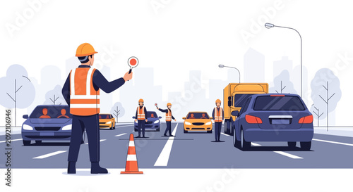 Traffic controllers directing cars on a highway, urban background