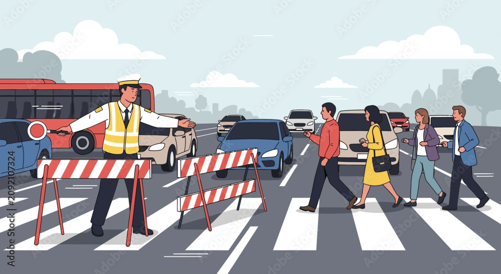Obraz premium Traffic Police Officer Directing Pedestrians and Cars at a Crosswalk