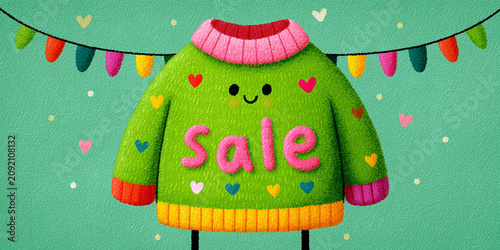 Green sweater with 'Sale' text, hearts, and colorful bunting, vibrant retail banner, cheerful shopping mood.