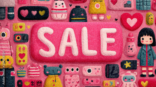 Colorful collage with bold 'SALE' text, cute icons, and heart motifs, vibrant retail banner, playful shopping theme.