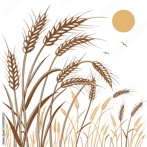 Konstfotografi Stylized of golden wheat stalks swaying in the wind with a warm sun and birds fl