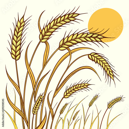Canvastavla Hand drawn of golden wheat stalks swaying in the wind with a bright yellow sun o