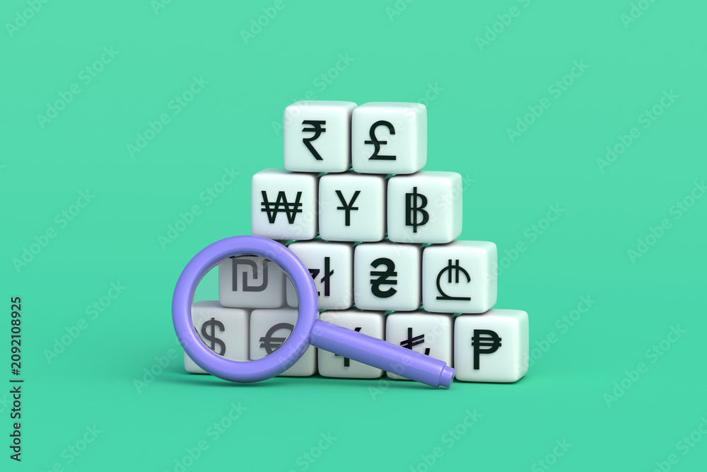 Obraz premium Monetary policy scrutiny. World currency research. Global investment review. Magnifying glass near money symbols. 3d render
