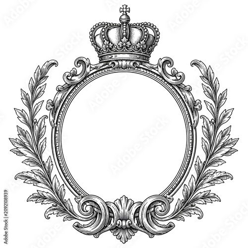 Ornate crowned frame with laurel wreath and decorative scrollwork