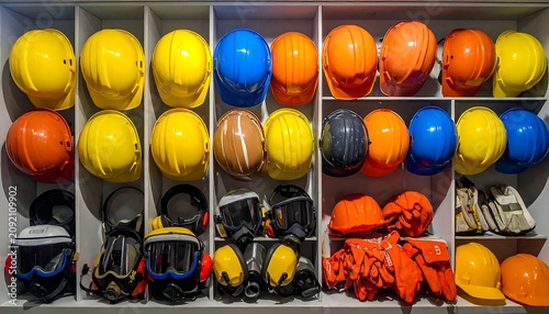 Colorful Safety Helmet and Protective Gear Arranged in Industrial Storage Shelves
