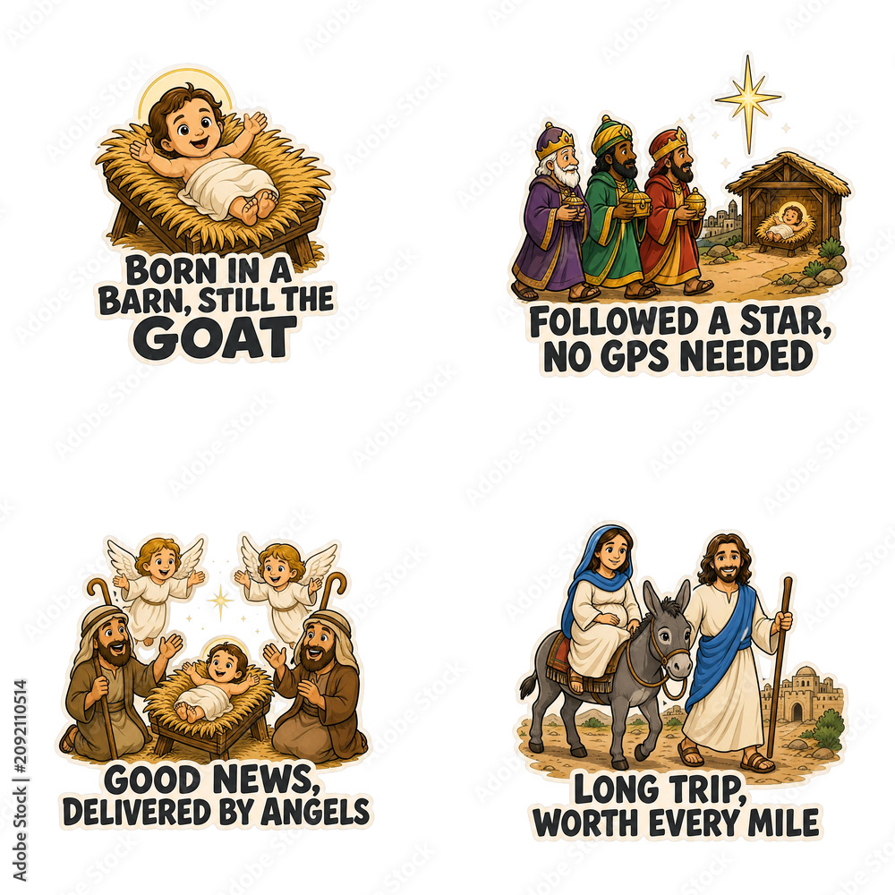 Obraz premium Christmas Nativity Stickers Set with Funny Captions