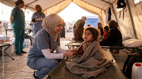 Compassionate Humanitarian Healthcare Worker Comforting Child Patient in Refugee Camp Medical Clinic
