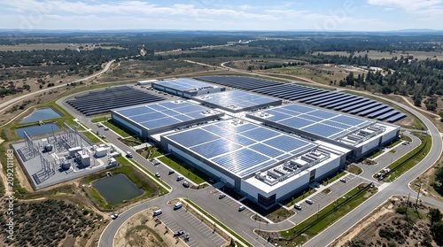 Fotografía Aerial View of a Data Center Campus Topped With Vast Rooftop Solar Panel Arrays