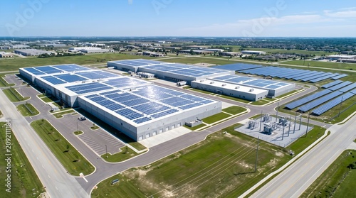 Cuadro en lienzo Aerial View of a Data Center Campus Topped With Vast Rooftop Solar Panel Arrays