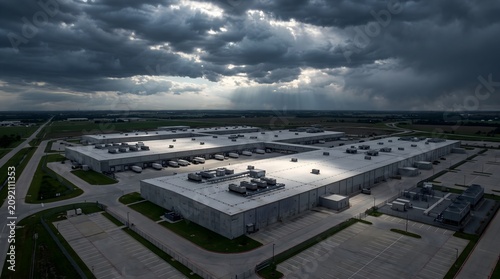 Data Center Campus Under a Dramatic Stormy Sky With Dark Rolling Clouds Gathering Above Sprawling Grey Server Halls Cloud Computing Infrastructure Facility