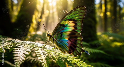 Iridescent Butterfly Resting on Dewy Fern Leaf in Sunlit Forest