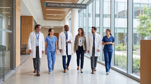 Diverse Medical Team Walking Through Modern Hospital Innovation Center, Healthcare Professionals Collaborating in Advanced Medical Facility