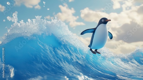 Cartoon penguin surfing a wave in the ocean.