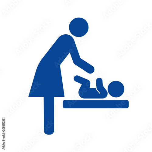 Blue icon of woman changing baby on table.