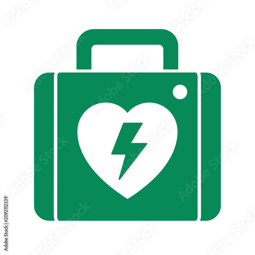 Green first aid box with heart and lightning symbol.