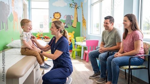 Pediatrician Examining Happy Toddler During Routine Checkup with Parents in Pediatric Clinic
