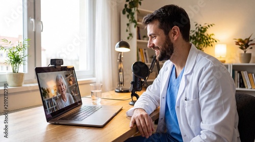 Doctor Conducting Telemedicine Video Consultation with Senior Patient from Home Office