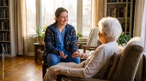 Compassionate home healthcare nurse comforting elderly woman during in-home care visit