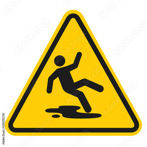 Yellow triangular warning sign with slipping figure icon.