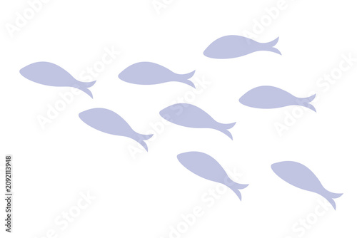 Small school of fish silhouettes swimming in a soft periwinkle blue. Minimalist marine life graphic isolated on a white background.