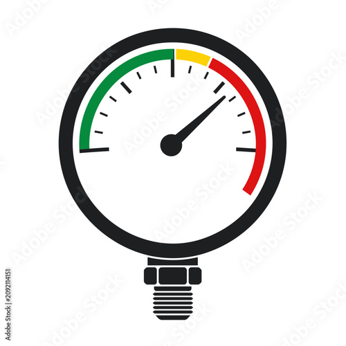 Pressure gauge with colored scale and threaded connection.