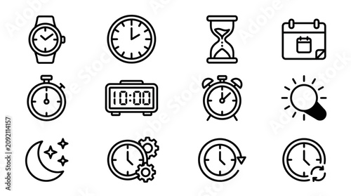 Time Icons Collection: Clock, Watch, Calendar, Hourglass, Stopwatch, Alarm, Moon, Sun, Gears