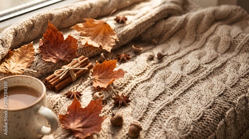 A cozy autumn still life scene featuring a warm mug of coffee with milk, a bundle of cinnamon sticks tied with string