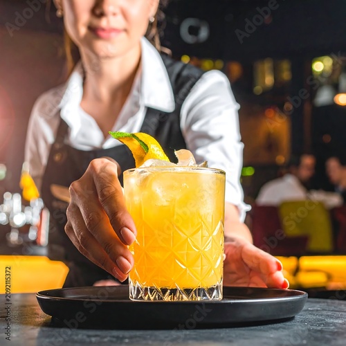 Female Bartender Serving Bright Citrus Cocktail on Tray in Dimly Lit Bar