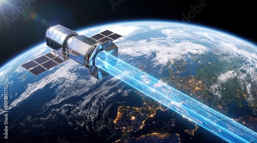 Orbital data center satellite beaming high-speed data to Earth over Europe at night