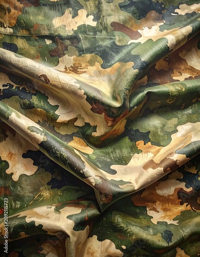 Textured Camouflage Fabric Folded in Layered Arrangement on Neutral Background