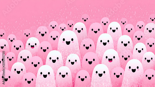 Many cartoon ghosts gather in a bright pink space with happy faces and expressions during a fun event
