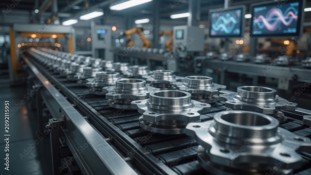 Fototapeta premium Precision CNC Machined Metal Parts on Automated Factory Line