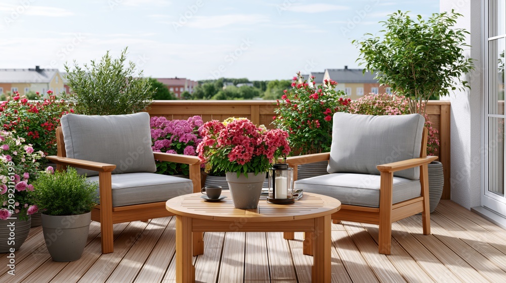 Fototapeta premium Cozy wooden balcony with comfortable chairs, flowers, and a coffee table