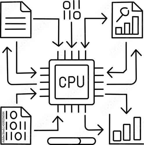 Central processing unit and data exchange with binary code and files  technology concept  cpu processes information
