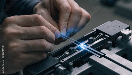 Close up technician hands aligning fiber optic strands in a fusion splicer as a bright blue arc welds the glass, precision telecom repair, broadband network installation, connectivity technology